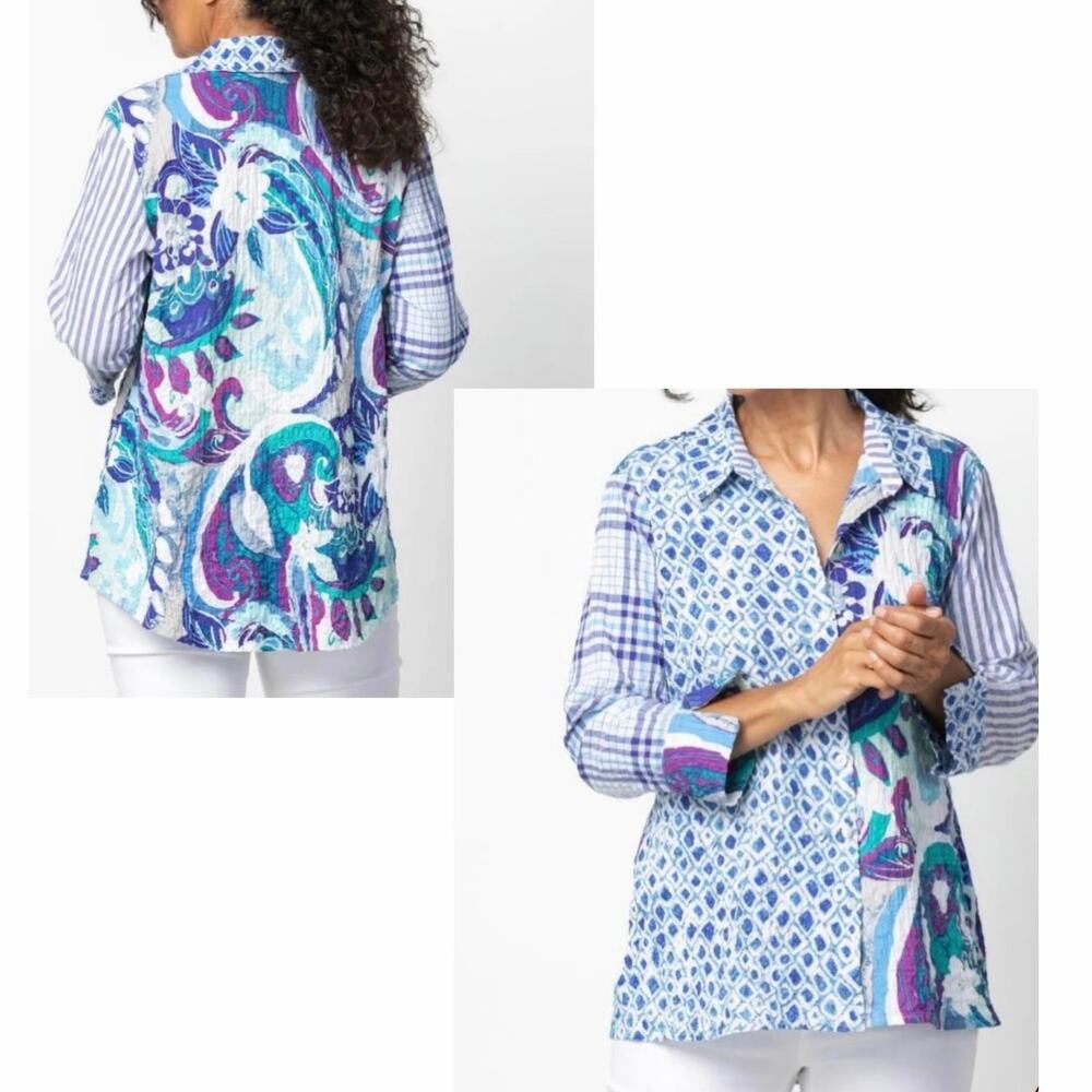 Habitat M Crinkled Mix Print Stir It Up Button Down Shirt Artsy BOHO Top Blouse